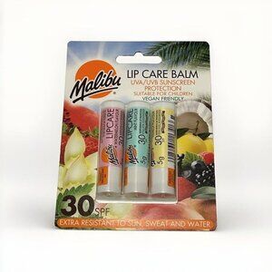 Malibu Lip Care Balm 3 Pack SPF30 Watermelon Mint Vanilla Vegan Water‎ Proof